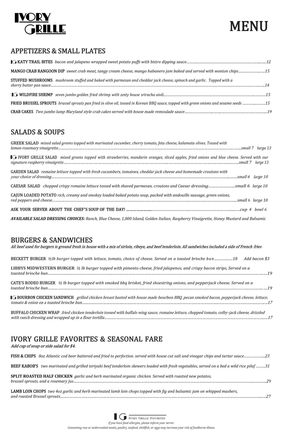 Ivory Grille Restaurant Dinner Menu Page 1